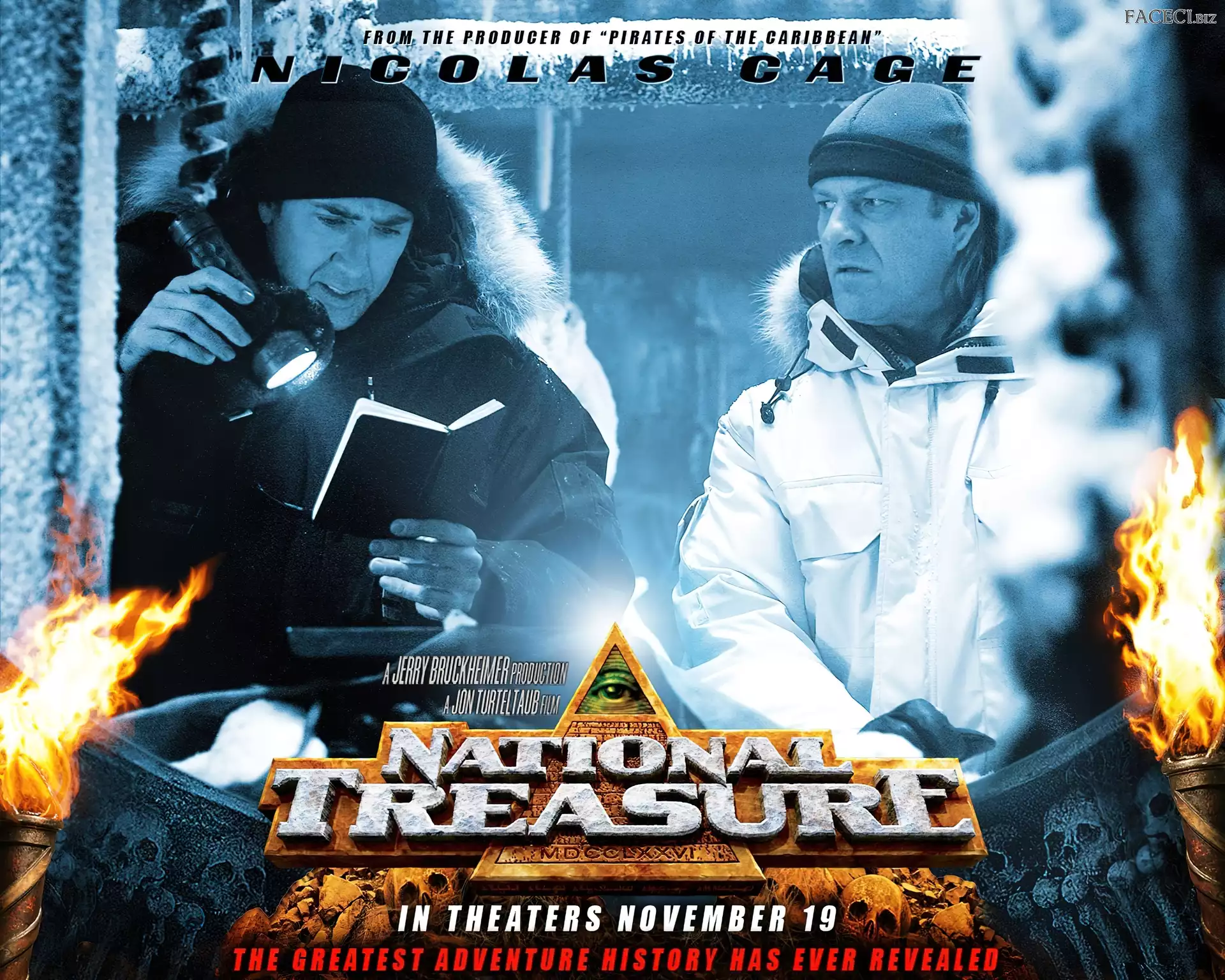 latarka, Sean Bean, zima, National Treasure 1, Nicolas Cage