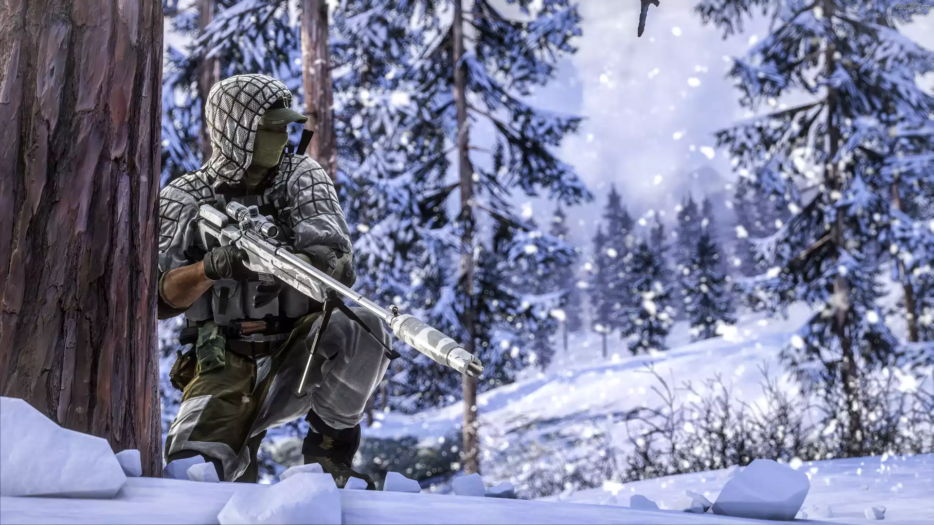 Śnieg, Snajper, Gra, Las, Zima, Żołnierz, Battlefield 4, Drzewo