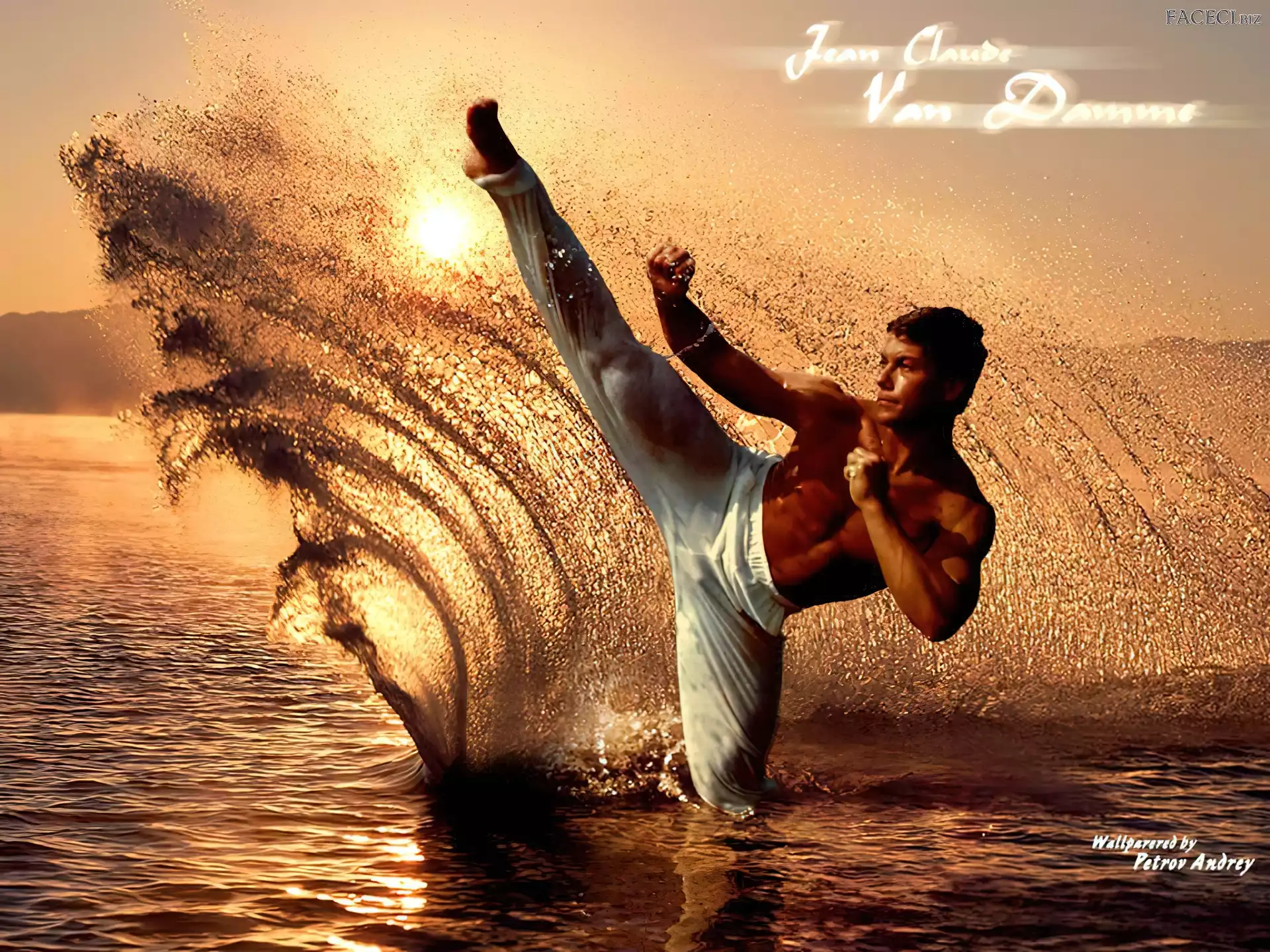 woda, Jean Claude Van Damme, białe spodnie