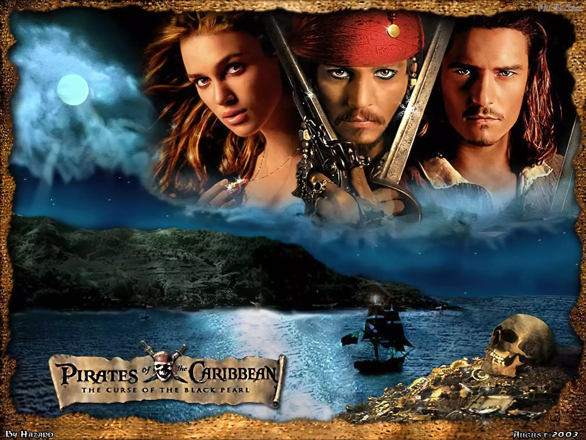 woda, księżyc, Keira Knightley, Piraci Z Karaibow Johnny Depp, Orlando Bloom