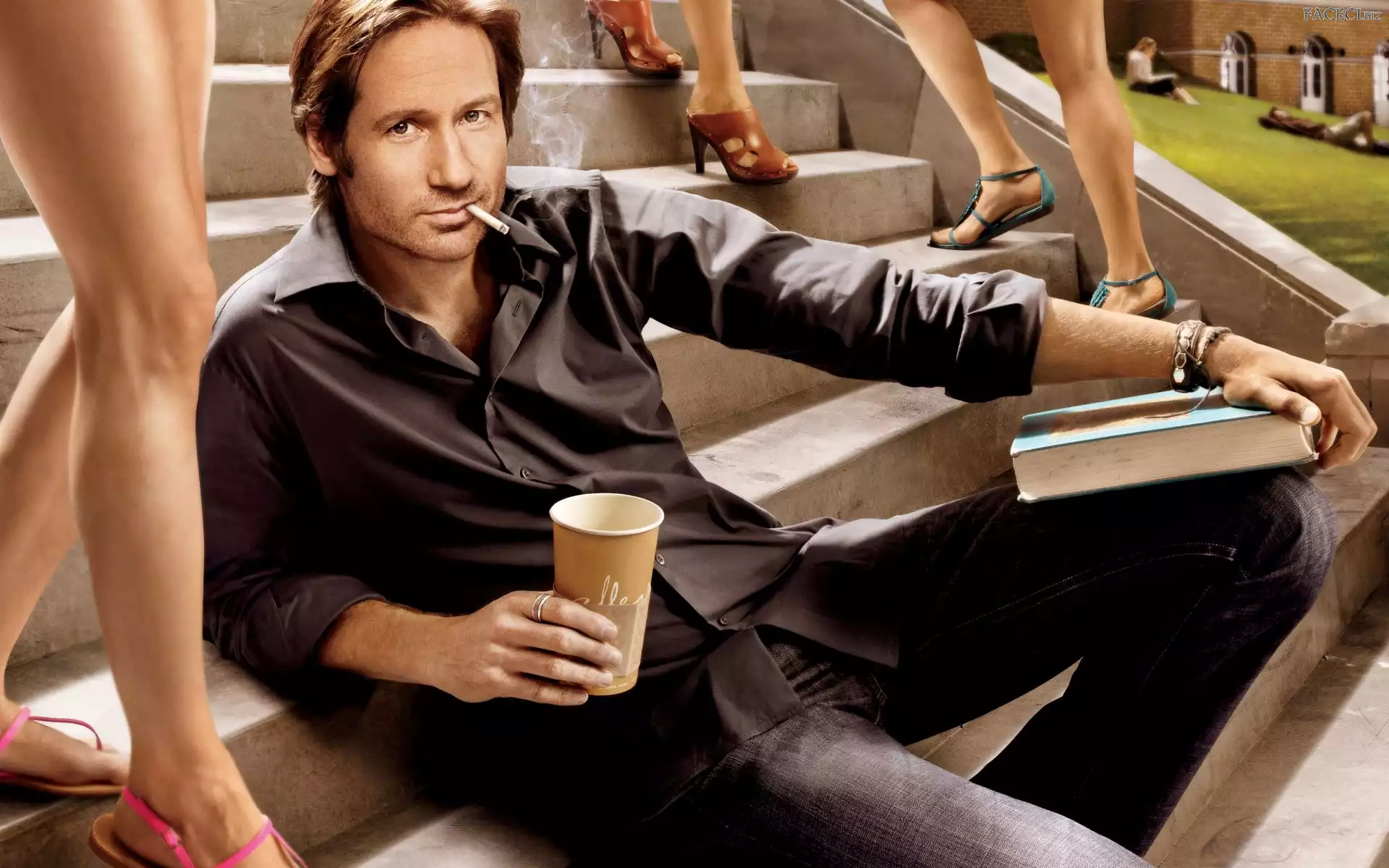 Książki, Kawa, Nogi, David Duchovny, Papieros