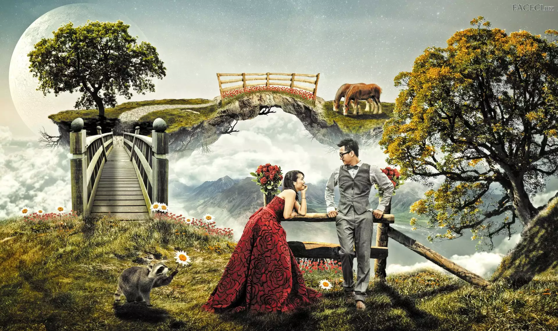 Mężczyzna, Fantasy, Chmury, Most, Kobieta, Drzewa