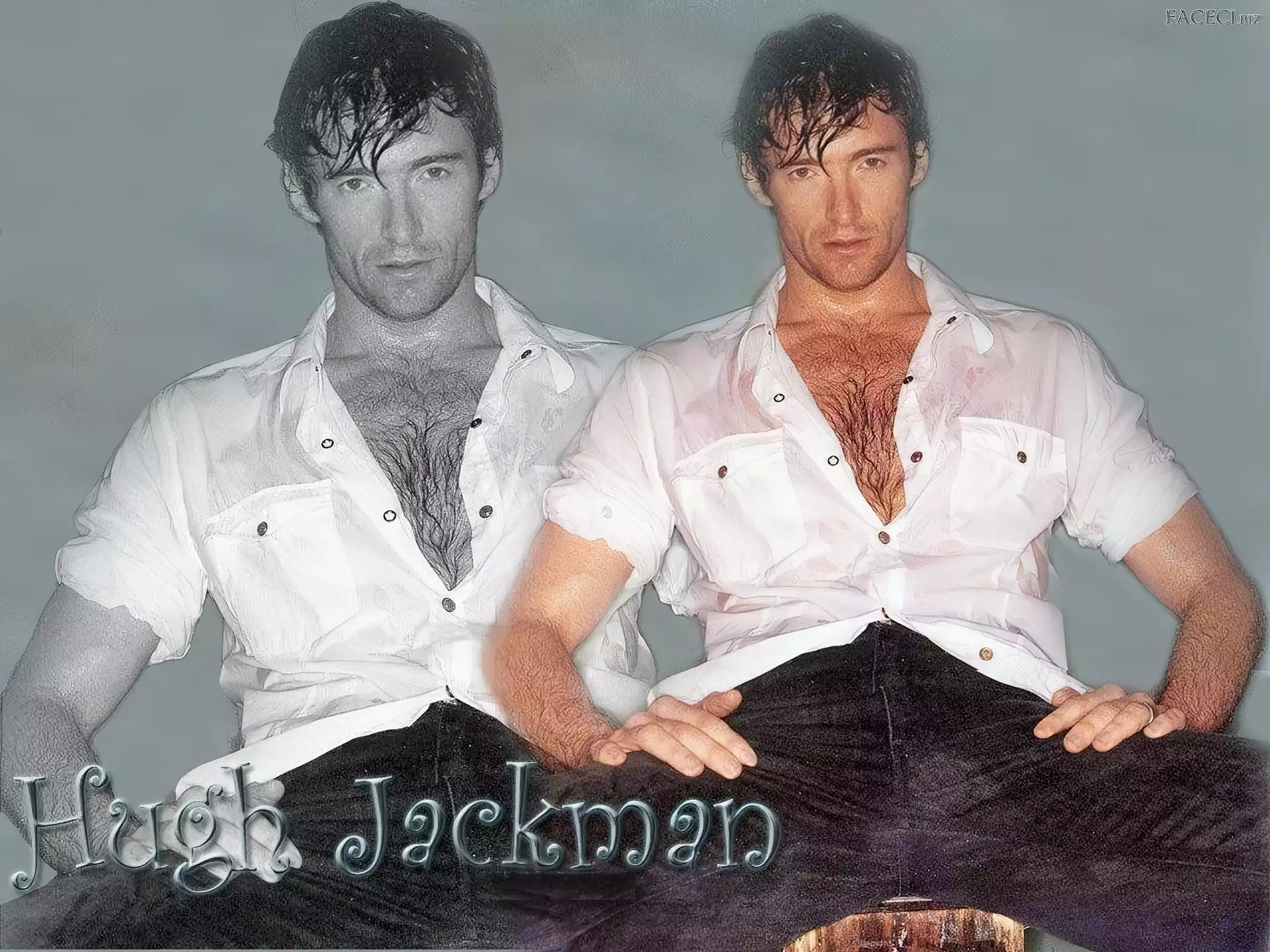 mokre włosy, Hugh Jackman, rozpięta koszula