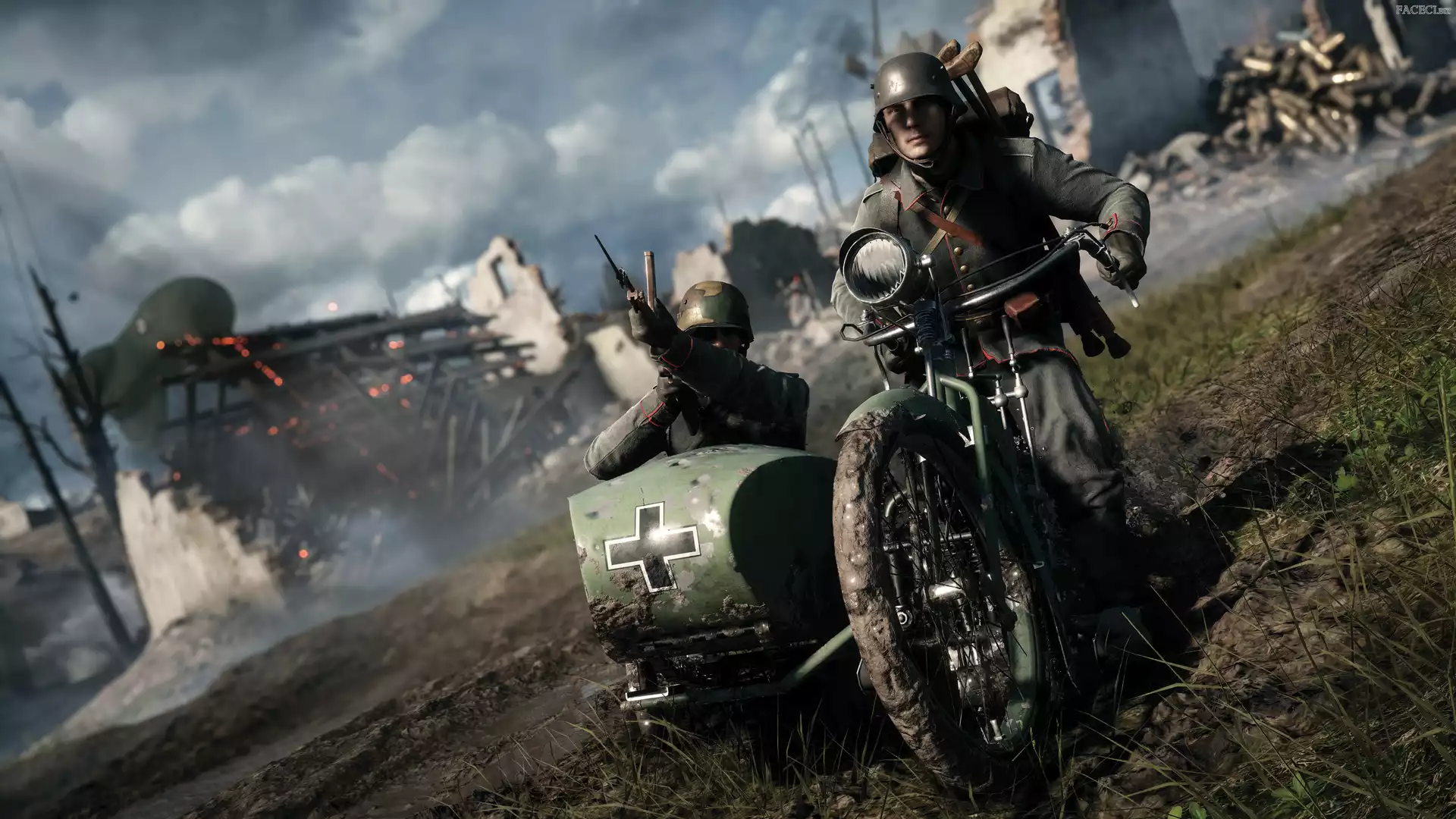 Żołnierze, Ruiny, Battlefield 1, Gra, Motocykl