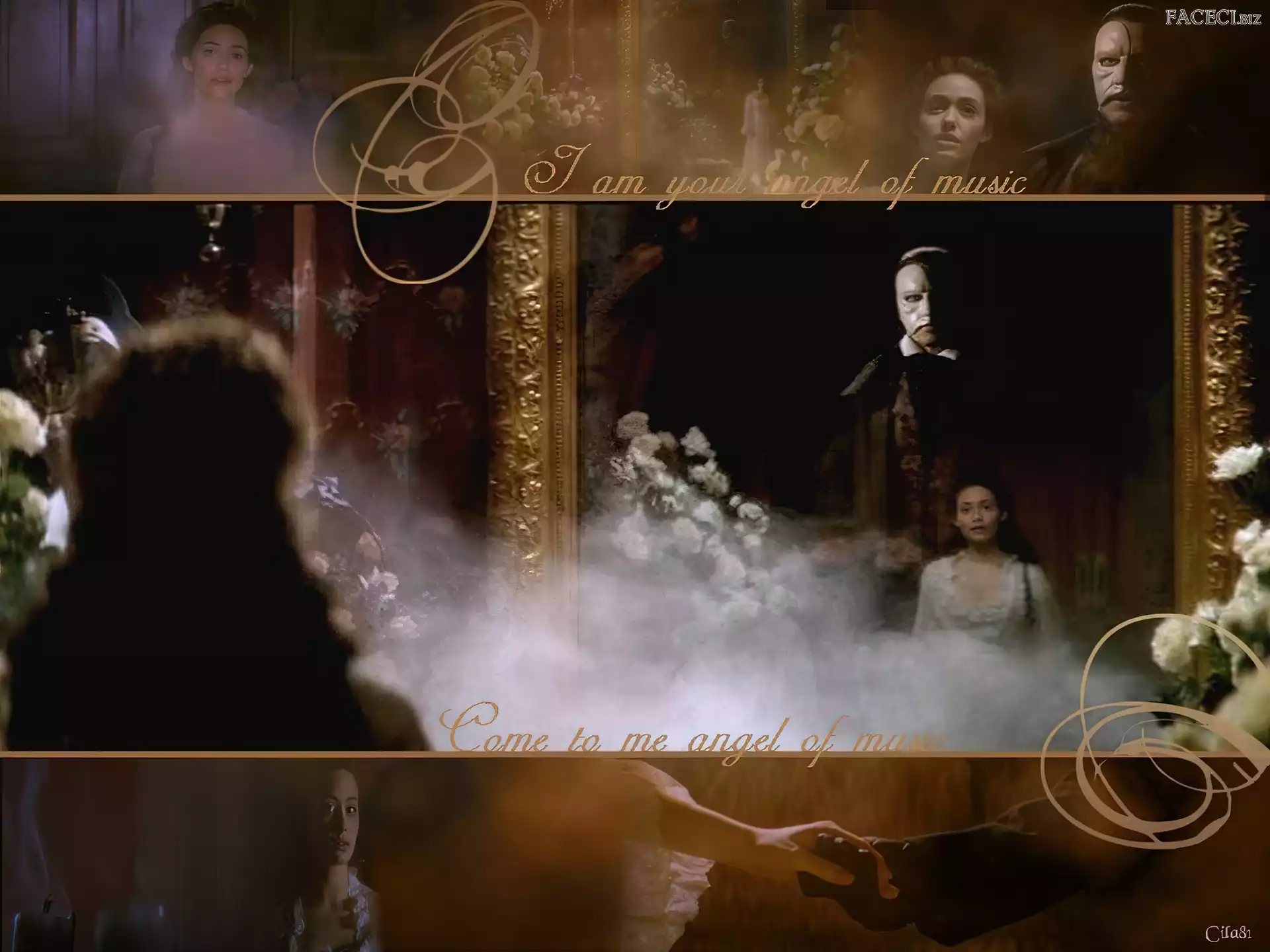 Gerard Butler, Emmy Rossum, kwiaty, dym, Phantom Of The Opera