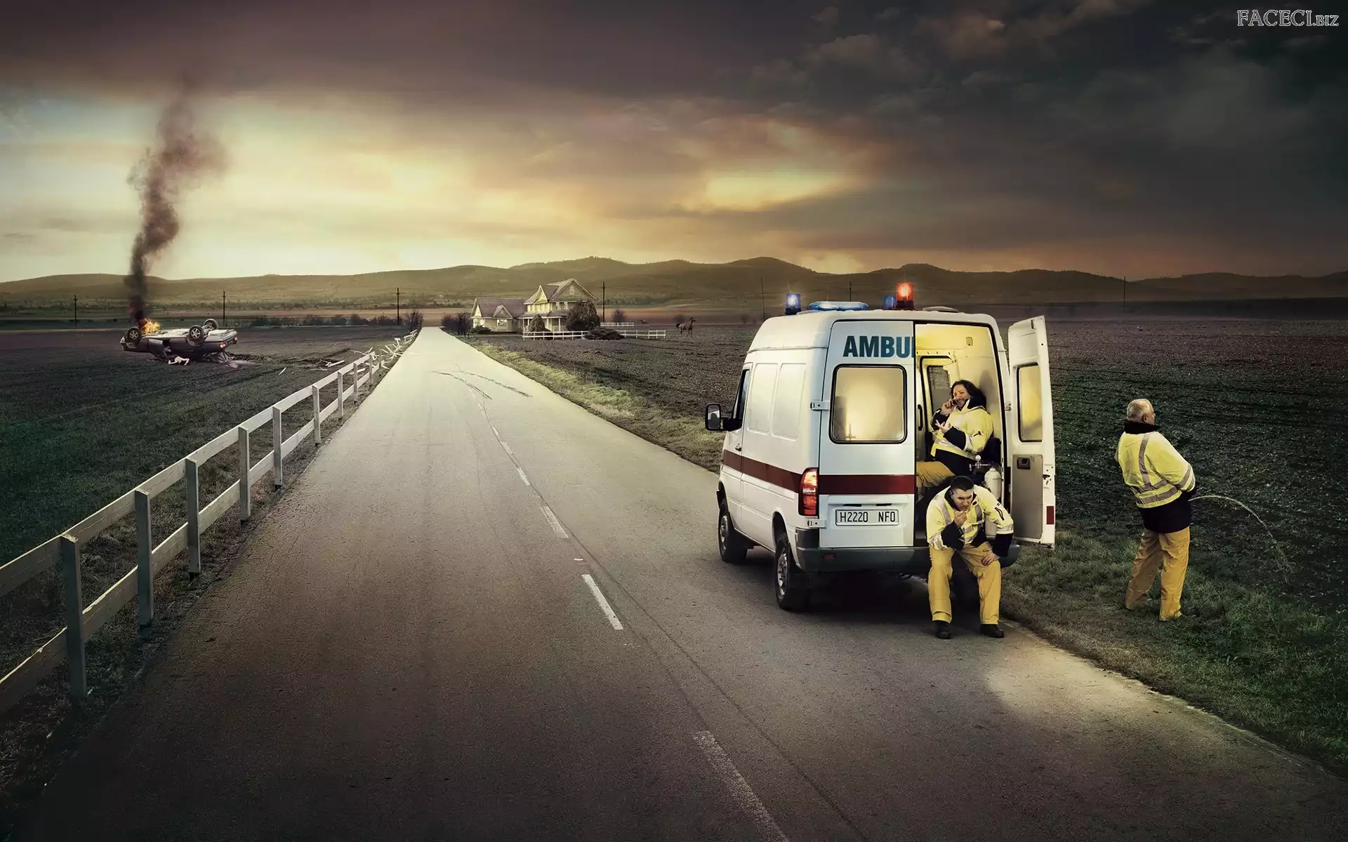 Sanitariusze, Ambulans, Samochód, Płonący, Droga