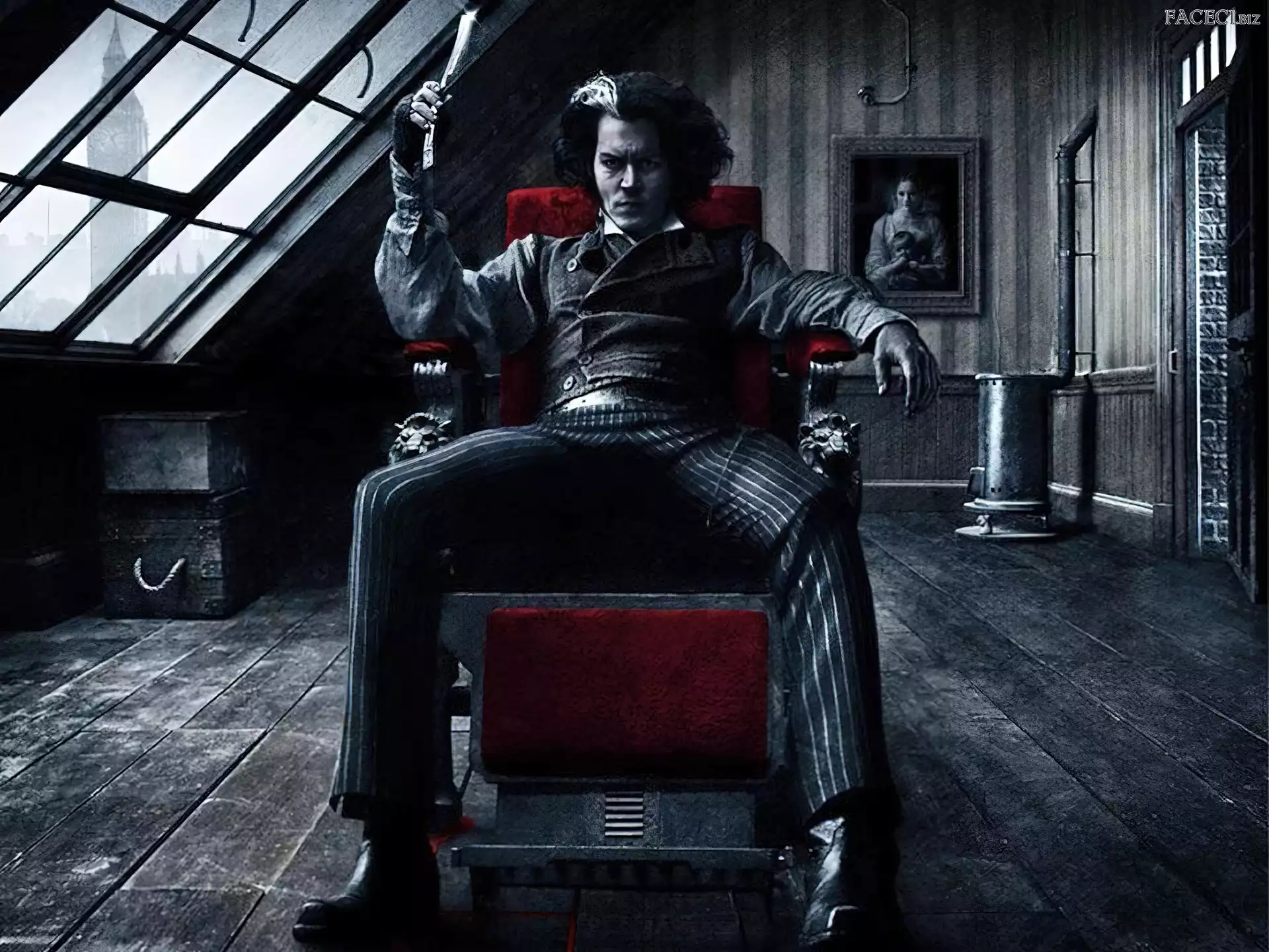 poddasze, Sweeney Todd, fotel, siedzi, Johnny Depp, pokój